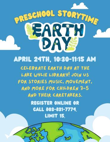 Celebrate Earth Day at the Lake Wylie Library! Join us for stories music, movement, and more for children 3-5 and their caretakers.  Register online or call 803-831-7774. Limit 15.