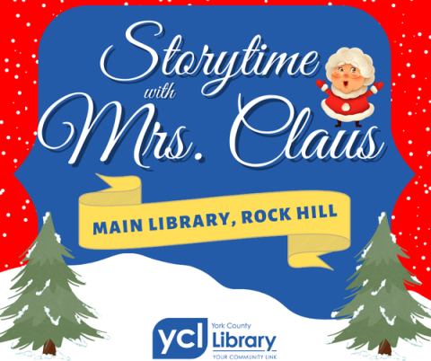 Snowy winter scene with a graphic of Mrs. Claus