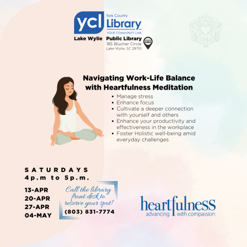 Manage stress,  enhance focus,  cultivate a deeper connection with yourself and others.  Enhance your productivity and effectiveness in the workplace.  Foster Holistic well-being amid everyday challenges.  Based on the book Spiritual Anatomy: Meditation, Chakras and the Journey to the Center by Kamlesh D. Patel www.spiritualanatomy.org. Register online at yclibrary.org or call 803-831-7774. Ages 15+ only please.