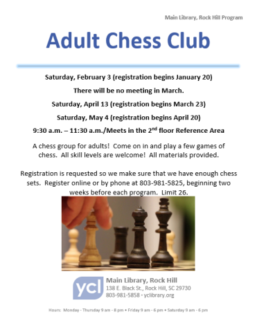 List of chess club dates for spring 2024.