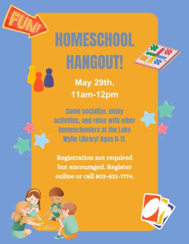 Come socialize, enjoy activities, and relax with other homeschoolers at the Lake Wylie Library! Ages 6-11.  Registration not required but encouraged. Register online or call 803-831-7774.