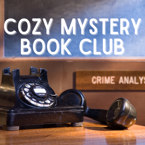 background image is a desk with a black rotary phone, the handset is off the hook; white text reads Cozy Mystery Book Club