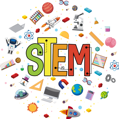 white background with STEM in large letters in the middle; the letters are surrounded by various science items, like a rocket, a sun, a spaceship, a protractor, a magnet, an alien, etc.
