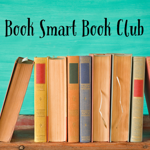 background image is a row of older looking books facing both directions, the wall is painted a bright teal; black text reads book smart book club