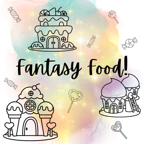 Illustration of whimsical buildings shaped like desserts, with the phrase "fantasy food!" set against a colorful, pastel background with candy motifs.