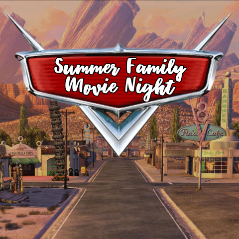 image background is an animated version of american western desert. A logo reminiscent of a car decal is in the foreground, with text reading, "Summer family movie night"