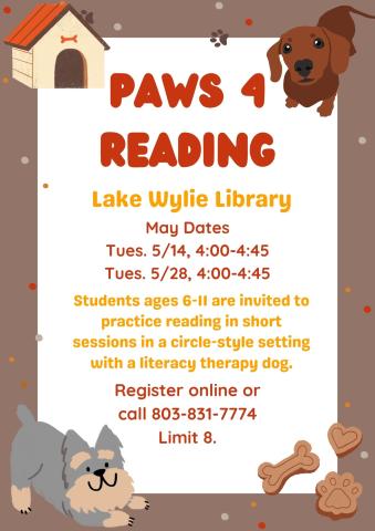 Students ages 6-11 are invited to practice reading in short sessions in a circle-style setting with a literacy therapy dog.