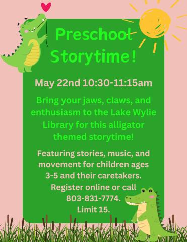 Bring your jaws, claws, and enthusiasm to the Lake Wylie Library for this alligator themed storytime!