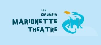 Logo of The Columbia Marionette Theatre with a graphic of a dragon puppet and a crown on top of the letter 'T' in 'Theatre'.