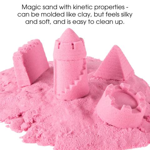 picture of pink kinetic sand formed into traditional sand castle shaped; image text says "Magic sand with kinetic properties - can be molded like clay, but feels silky and soft, and is easy to clean up."