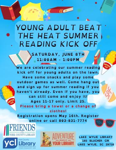 We are celebrating our summer reading kick off for young adults on the lawn. Have some snacks and play some outdoor games as well. Come hang out and sign up for summer reading if you haven't already. Even if you have, you can still come and enjoy it! Ages 11-17 only. Limit 25.  Please bring a towel or a change of clothes! Registration opens May 16th. Register online or call 803-831-7774