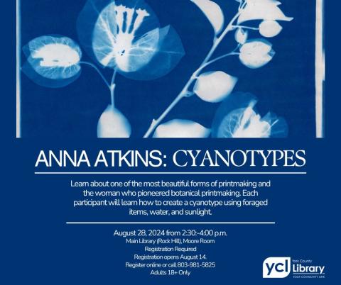 Image for Anna Atkins and cyanotypes flyer. Class is on August 28 from 2:30-4:00 p.m.