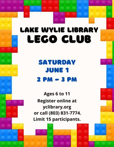 Use your imagination and get creative!    Have some fun and build with LEGOS supplied by the library.  For ages 6 to 11.  Register online at yclibrary.org/events or call (803) 831-7774.  Limit 15 participants.