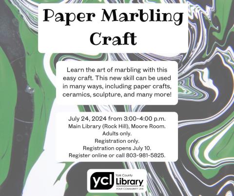 Image for paper marbling craft. Class is on July 24 from 3:00-4:00 p.m.