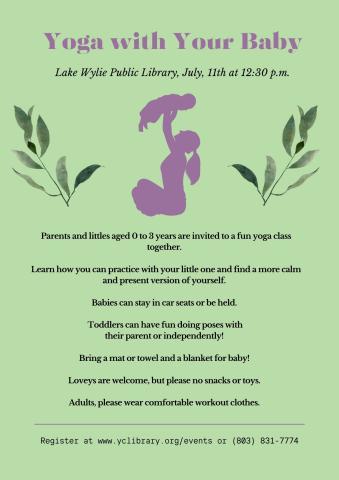 Parents and littles aged 0 to 3 years are invited to a fun yoga class together.    Learn how you can practice with your little one and find a more calm and present version of yourself.    Babies can stay in car seats or be held.    Toddlers can have fun doing poses with  their parent or independently!    Bring a mat or towel and a blanket for baby!    Loveys are welcome, but please no snacks or toys.    Adults, please wear comfortable workout clothes.  