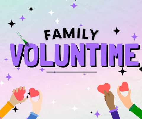 Hands reaching up with hearts toward Family Voluntime sign