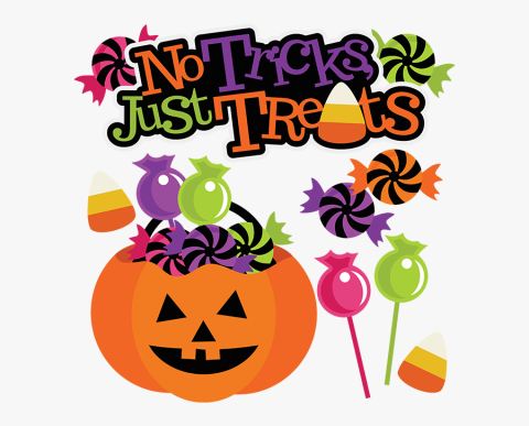 Jack-o-lantern with candy and spiders.  Title reads" No tricks just treats."