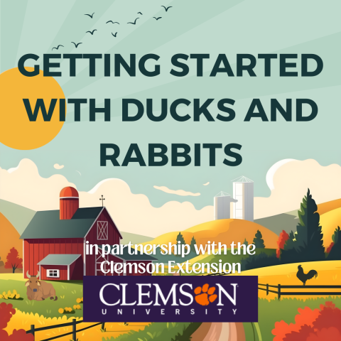 Getting Started with Ducks and Rabbits poster featuring a farm scene with a barn, silo, and animals. The event is held in partnership with Clemson University Extension. The background includes a sunrise, birds in the sky, and a scenic countryside