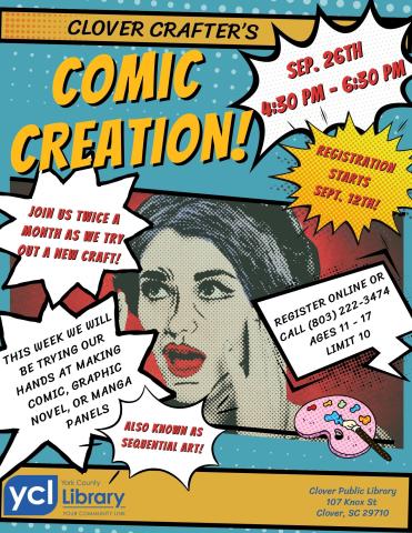 Flyer for Comic Creation featuring a comic-style drawing of a woman's face, and the details of the program in various fonts.