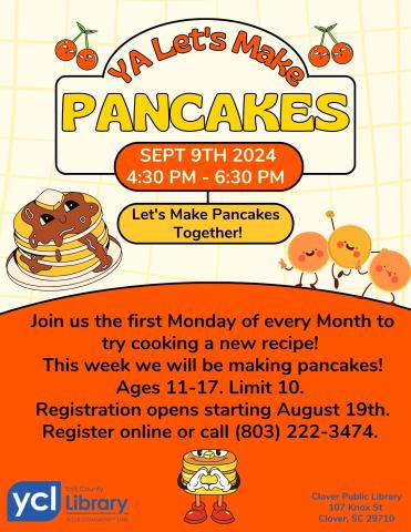 A promotional flyer for pancakes, prominently featuring "Ya: Let's Make Pancakes" with appealing visuals and inviting colors.