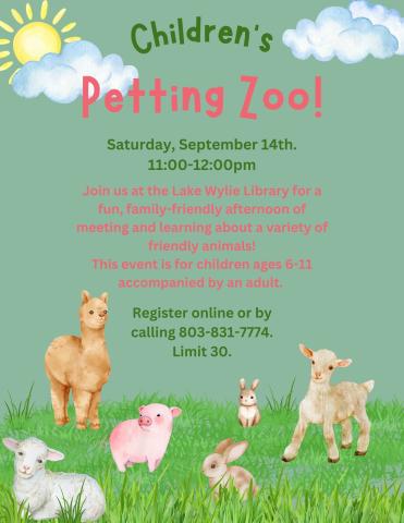 Join us at the Lake Wylie Library for a fun, family-friendly afternoon of meeting and learning about a variety of friendly animals! This event is for children ages 6-11 accompanied by an adult.