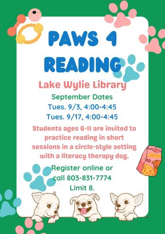 Students ages 6-11 are invited to practice reading in short sessions in a circle-style setting with a literacy therapy dog.