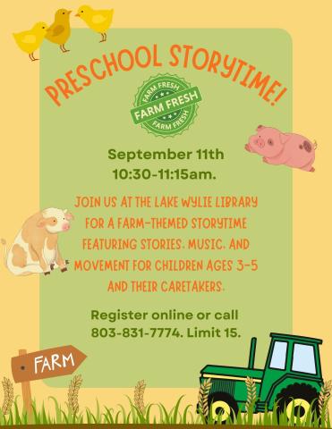 Join us at the Lake Wylie Library for a farm-themed storytime featuring stories, music, and movement for children ages 3-5 and their caretakers.