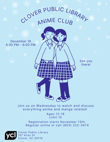 A blue, snowy background features dark blue line drawing of anime-style female characters. Blue text reads "Anime club" with the event details below.