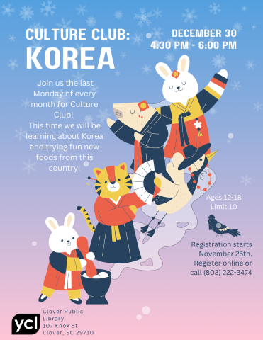 A gradient blue to pink background features whimsical korean-style animaed characters in traditional dress. The flyer reads "Culture Club: Korea" with the event specifics below.