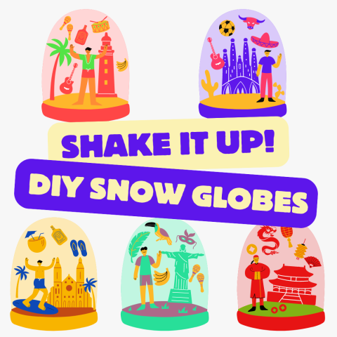 A light colored background features five brightly colored snow globes. The text reads Shake it up! DIY snow globes in bubble font. 