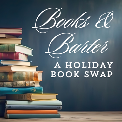 A blue background with a brown floor features a haphazard stack of books with indistinguishable titles. Script font reads "Books and barter", and a block fond reads "a holiday book swap".