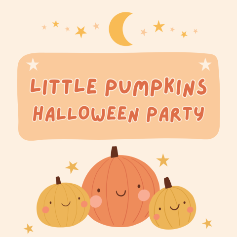 A light orange background features three cartoon pumpkins drawn in a cutesy style. Two pumpkins are small and one is large. Cute, handwriting style font reads, "Little Pumpkins Halloween Party".