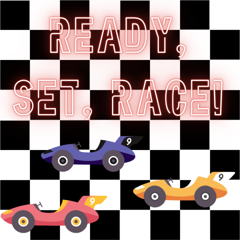 The background of the image is a checkered flag. Three cartoon race cars line up across the bottom; one is red, one is blue, and one is yellow. Red text in a neon sign-style font reads, "Ready, Set, Race!"