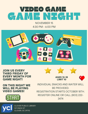 A neutral background features graphics of different kinds of video game consoles and controllers. Text reads "Video Game Night" with the event details below.