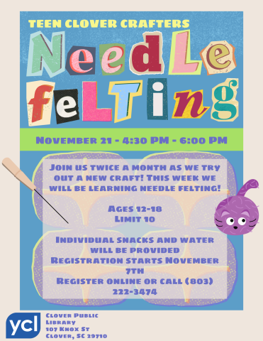 A bright background features the supplies needed for needle felting. The text reads "Needle felting" in a magazine collage style font, with the event details below.