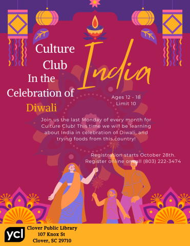 A bright magenta and purple background features iconography related to the Indian holiday of Diwali, like lanterns and mandalas. The text reads YA Culture Club: India, with the event details listed after.