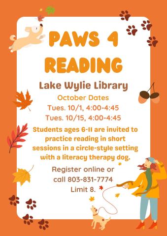 Students ages 6-11 are invited to practice reading in short sessions in a circle-style setting with a literacy therapy dog.