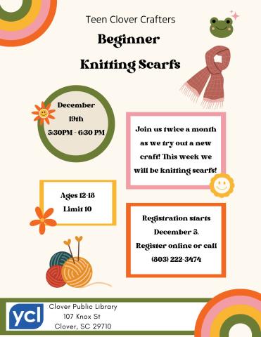 A neutral background features knitting-themed clip art. Fun text says "Beginner Knitting Scarves", with the event details below.