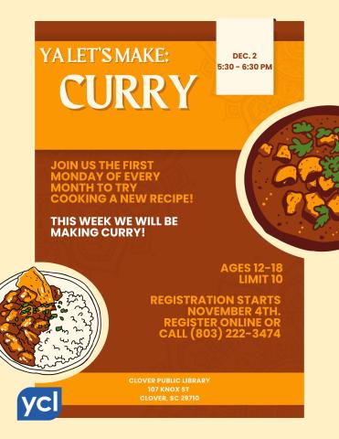 Orange and brown backgrounds are accompanied by cartoon style graphics of curry dishes. Text reads, "YA Let's Make Curry!" with the event details below.