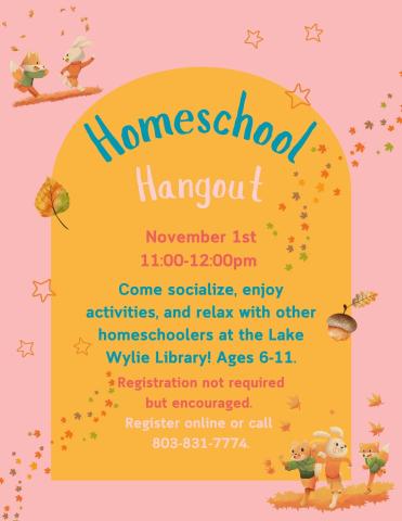 Come socialize, enjoy activities, and relax with other homeschoolers at the Lake Wylie Library! Ages 6-11.