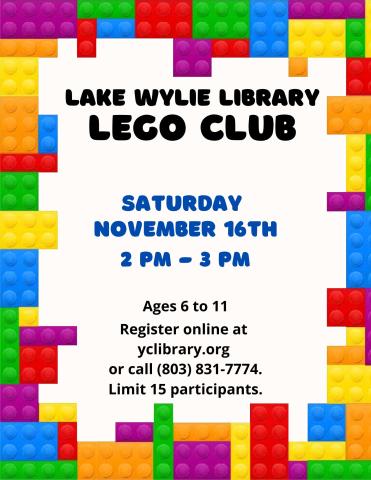 Have some fun and build with LEGOS supplied by the library.  For ages 6 to 11.