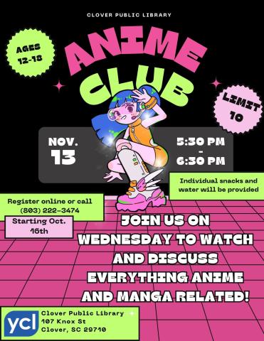 A cute anime-style graphic of a female character is on a pink tiled floor with a black background. Bubble text reads "Anime Club" with the event date and time.