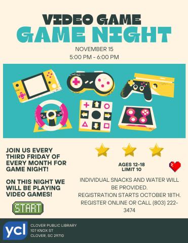 A neutral background features graphics of different kinds of video game consoles and controllers. Text reads "Video Game Night" with the event details below.