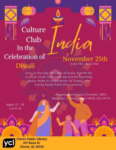 A bright magenta and purple background features iconography related to the Indian holiday of Diwali, like lanterns and mandalas. The text reads YA Culture Club: India, with the event details listed after.