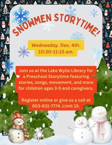 Join us at the Lake Wylie Library for a Preschool Storytime featuring stories, songs, movement, and more for children ages 3-5 and caregivers.  Register online or give us a call at 803-831-7774. Limit 15.