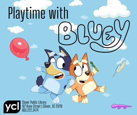 A blue sky background has white fluffy cartoon clouds overlaid with images of two heeler dogs, one blue and one brown. There are also images of a red balloon, one stalk of asparagus, a magic feather, and a purple lizard, all popular items from the tv show.