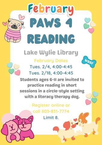 Students ages 6-11 are invited to practice reading in short sessions in a circle-style setting with a literacy therapy dog.