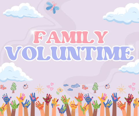 Colorful hands reaching up with toward Family Voluntime sign