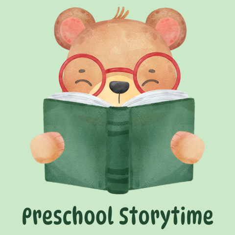 A watercolor drawing of a brown bear reading a book is on a light green background. Green text reads preschool storytime.