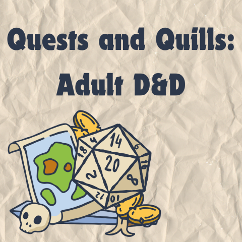 A textured paper background features a cartoon image of a skull, map, gold coins, and a d20 dice. Dark colored font reads quests and quills: adult d&d.